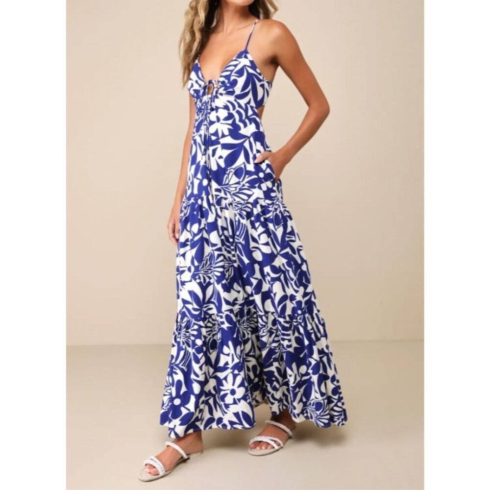 NWOT | Lulus Mykonos Memories Blue and Ivory Abstract Maxi Dress | XL